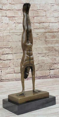 Nude Muscular Male Doing Handstand Bronze Statue Sculpture Figure on Marble Base