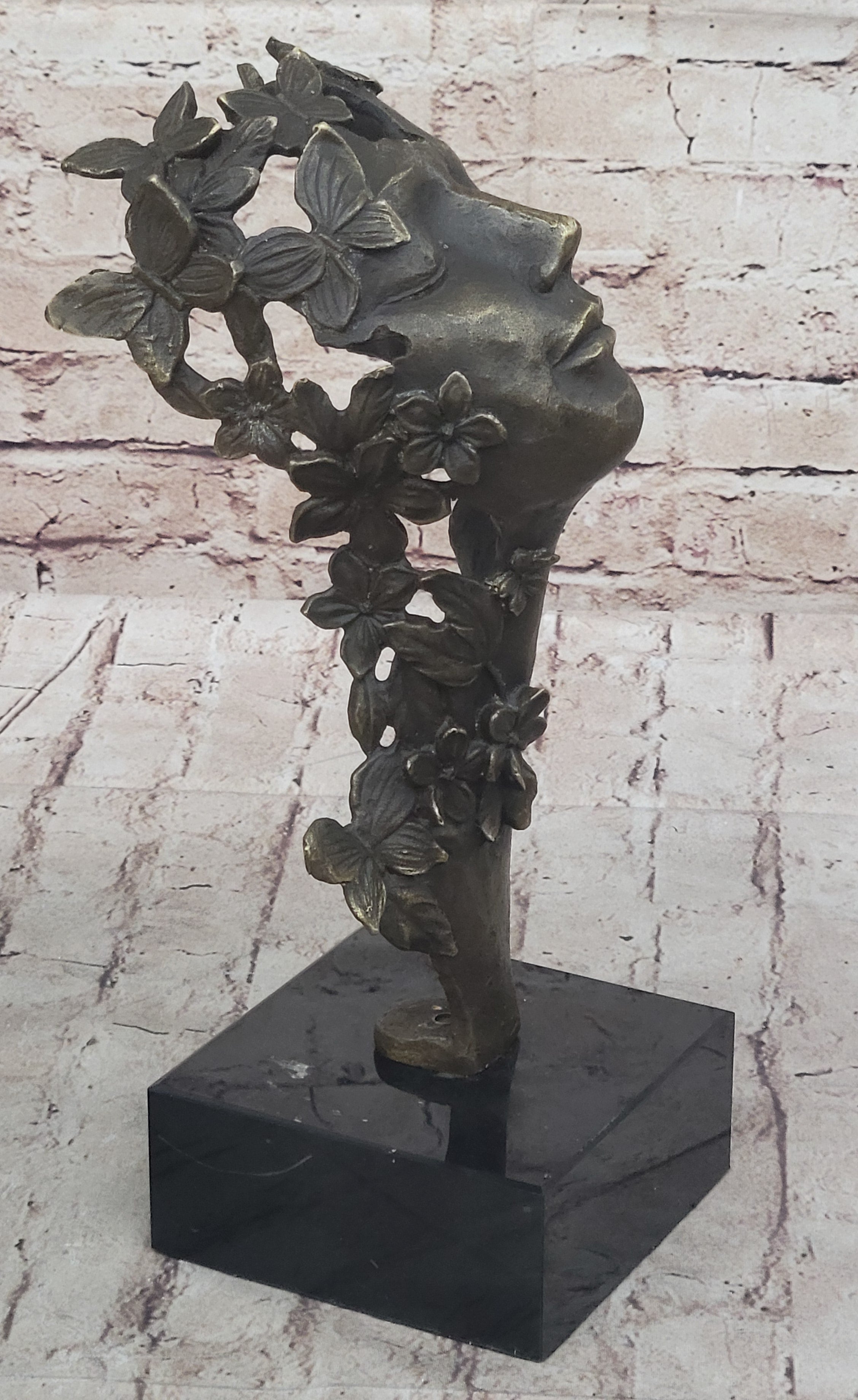 Abstract Surreal Female Bust Face Mask Butterflies Bronze Metal Sculpture Dali