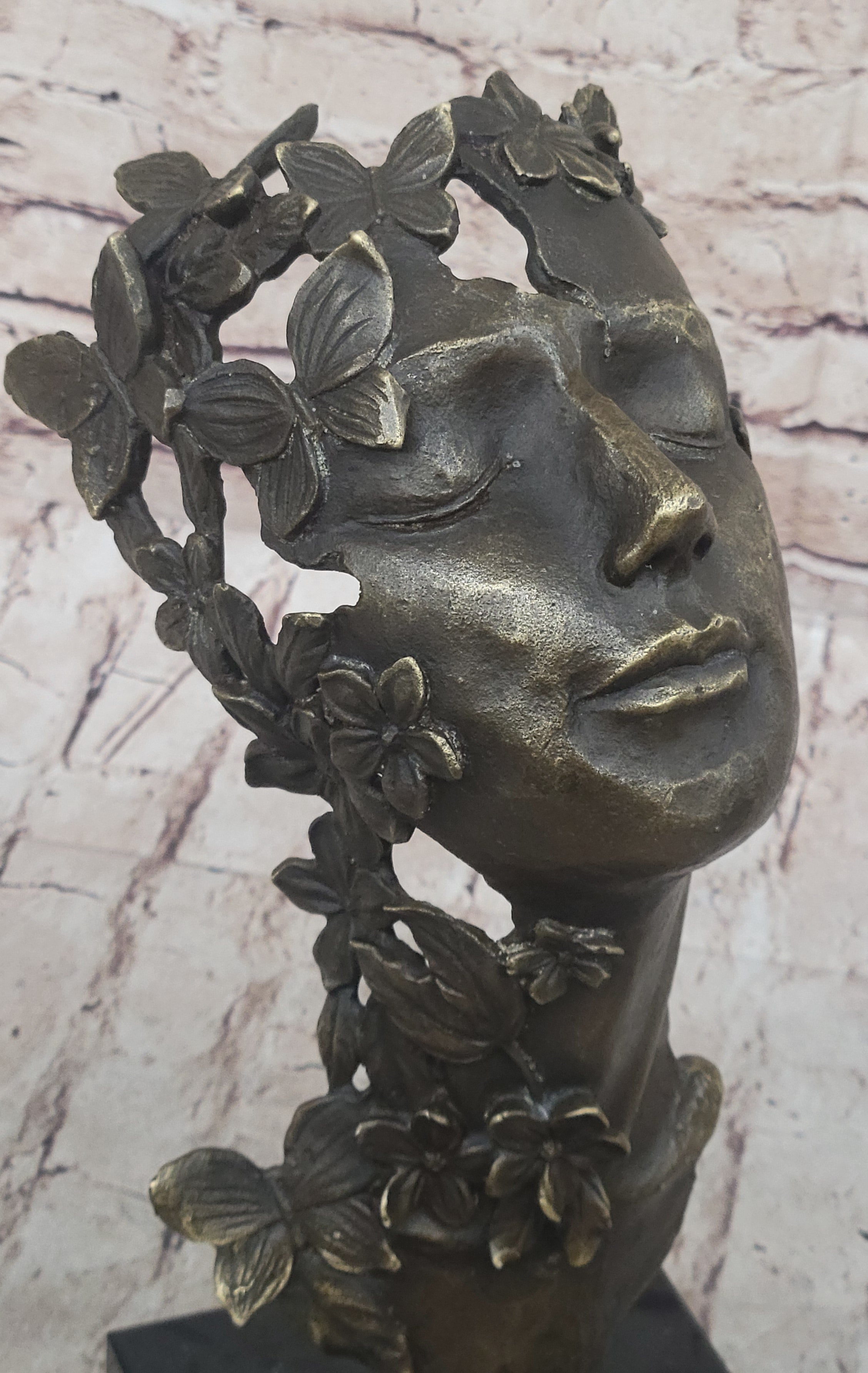 Abstract Surreal Female Bust Face Mask Butterflies Bronze Metal Sculpture Dali