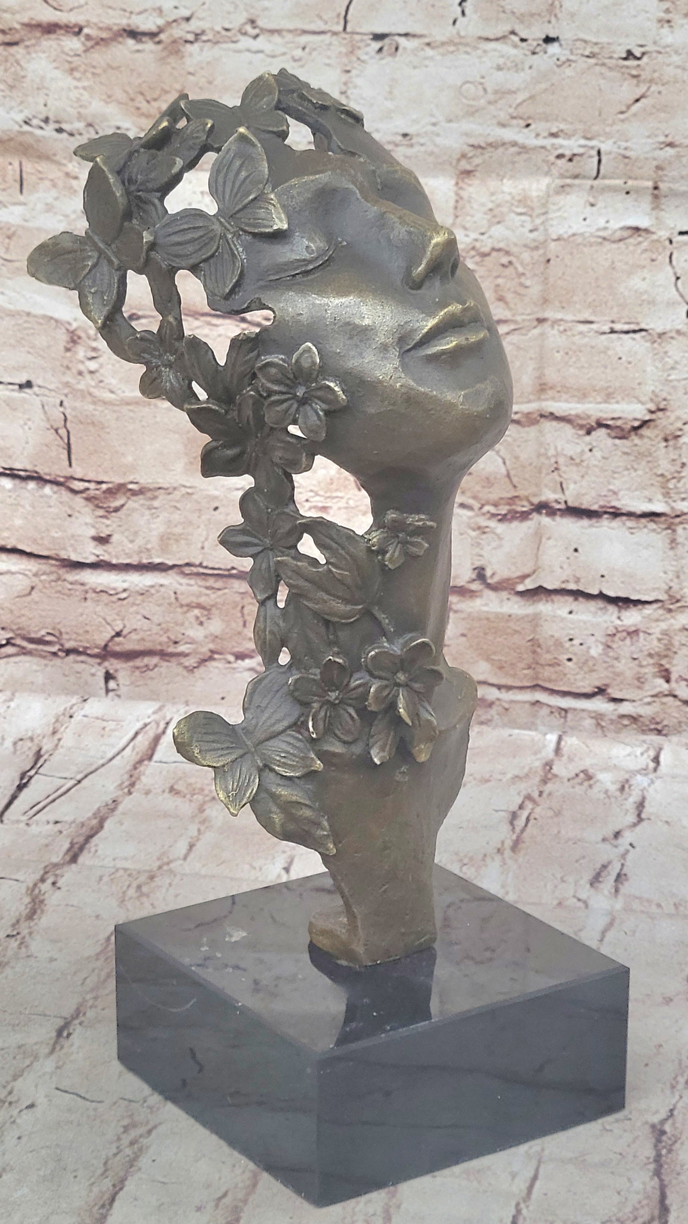 Abstract Surreal Female Bust Face Mask Butterflies Bronze Metal Sculpture Dali