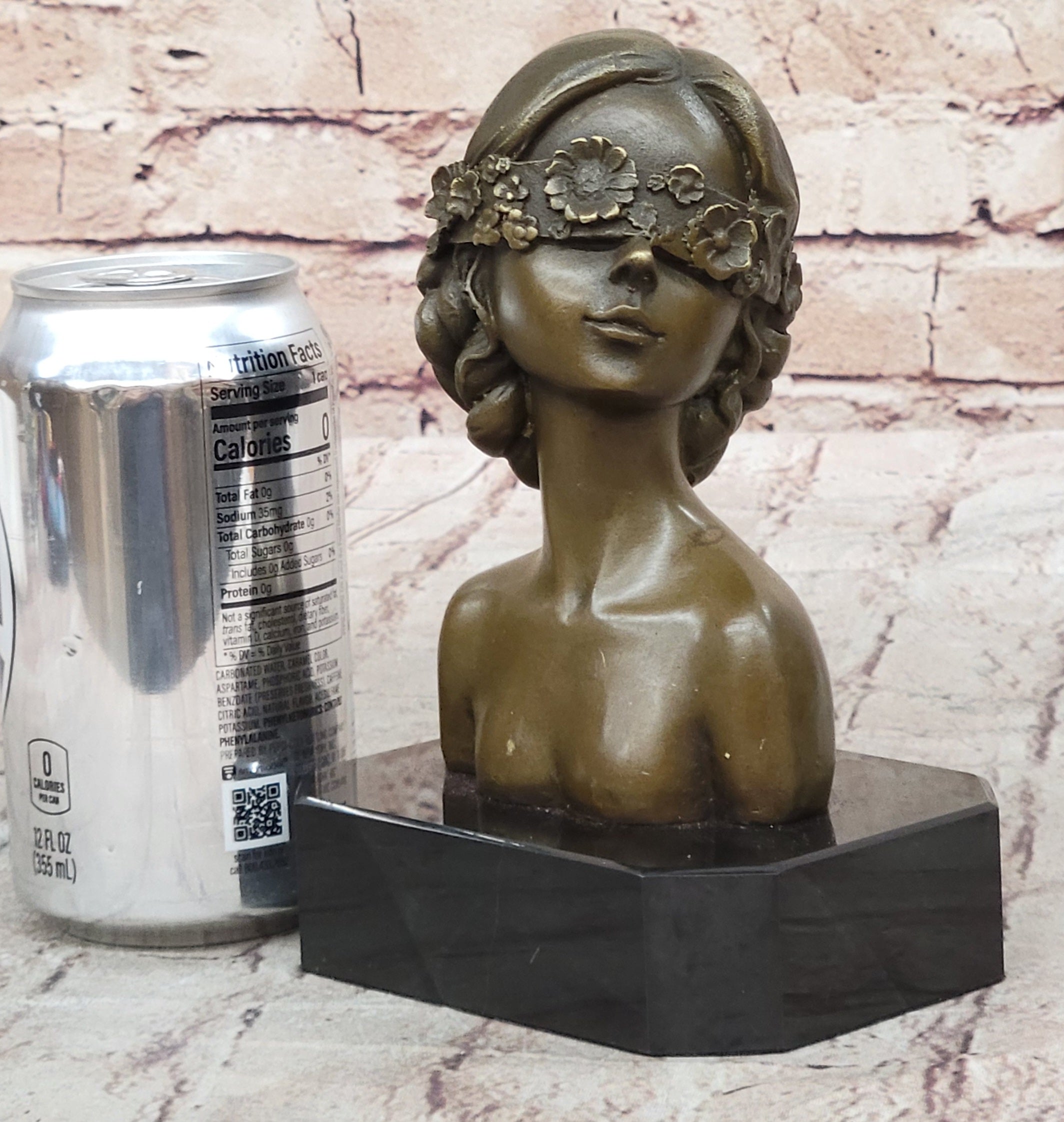 Woman Blindfolded with Flowers - Bronze Metal Modern Art Bust