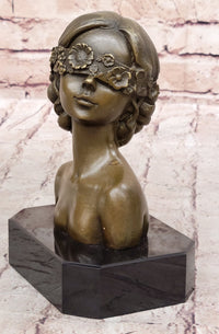 Woman Blindfolded with Flowers - Bronze Metal Modern Art Bust
