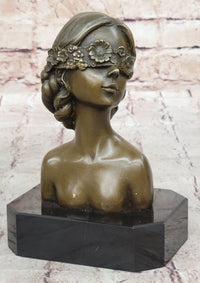 Woman Blindfolded with Flowers - Bronze Metal Modern Art Bust