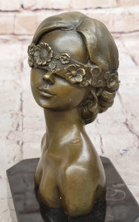 Woman Blindfolded with Flowers - Bronze Metal Modern Art Bust