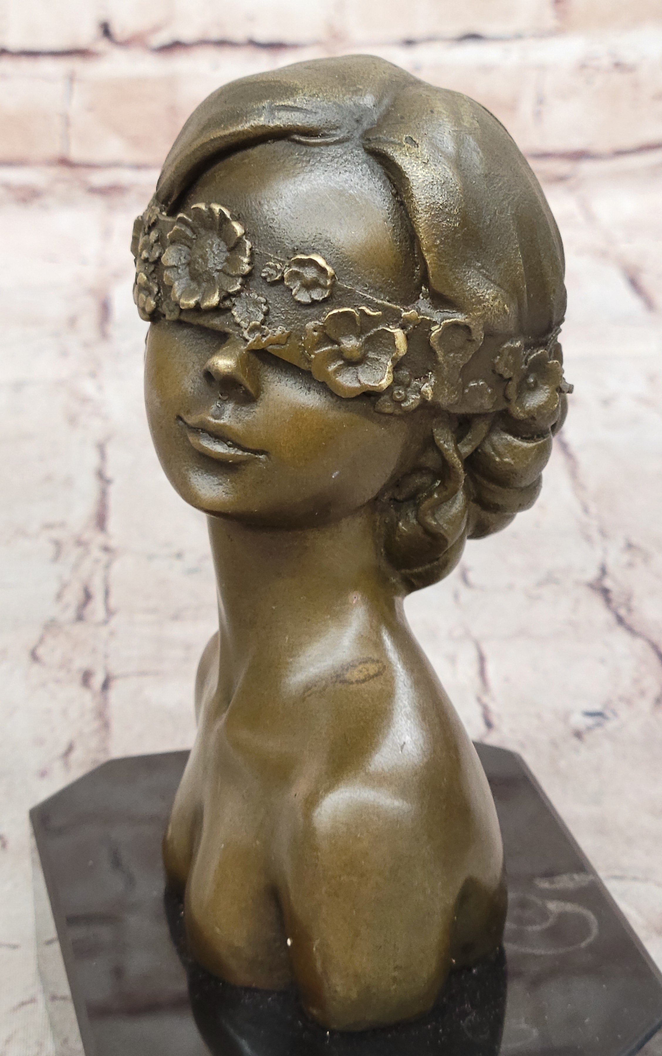 Woman Blindfolded with Flowers - Bronze Metal Modern Art Bust