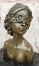 Woman Blindfolded with Flowers - Bronze Metal Modern Art Bust