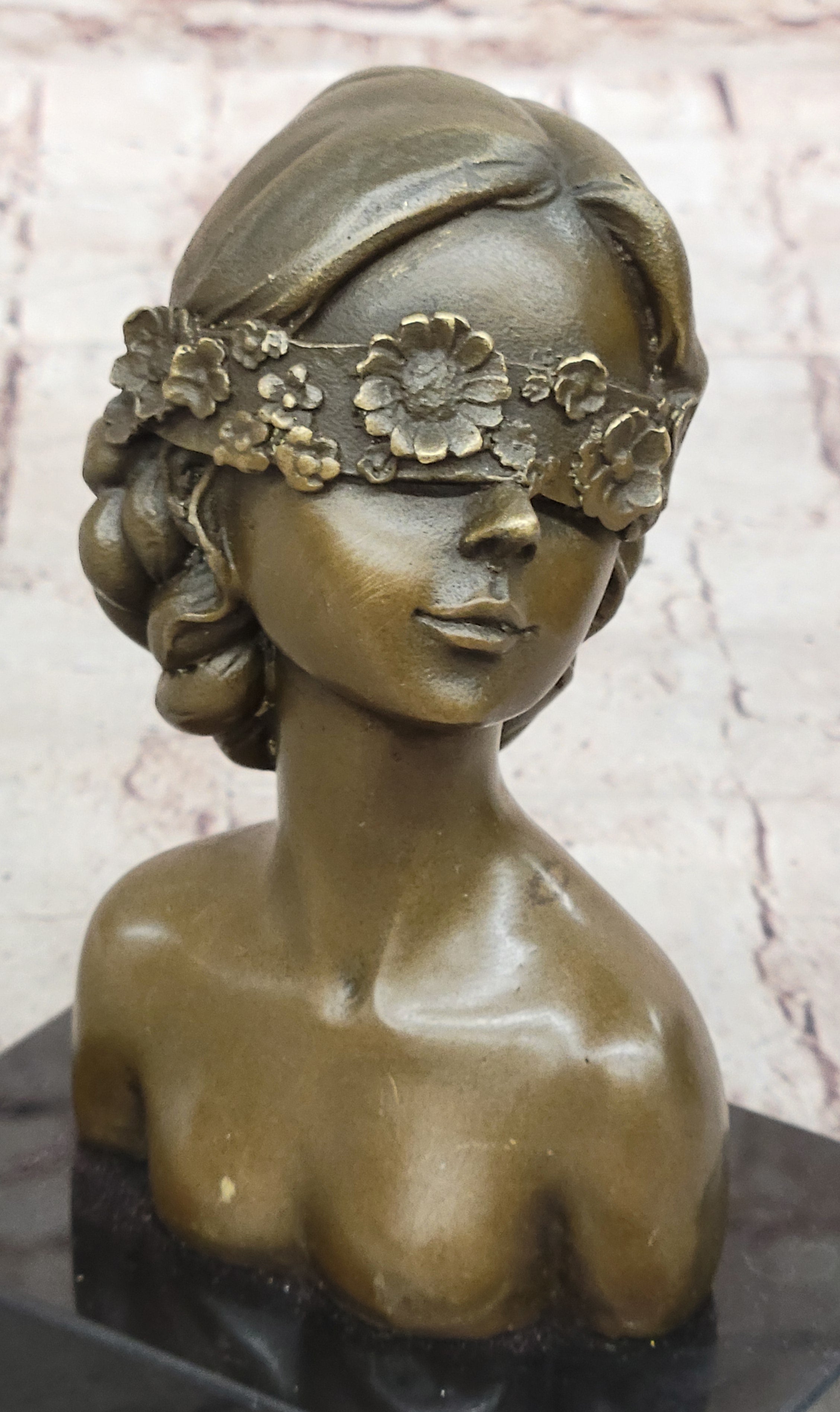 Woman Blindfolded with Flowers - Bronze Metal Modern Art Bust