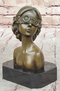 Woman Blindfolded with Flowers - Bronze Metal Modern Art Bust