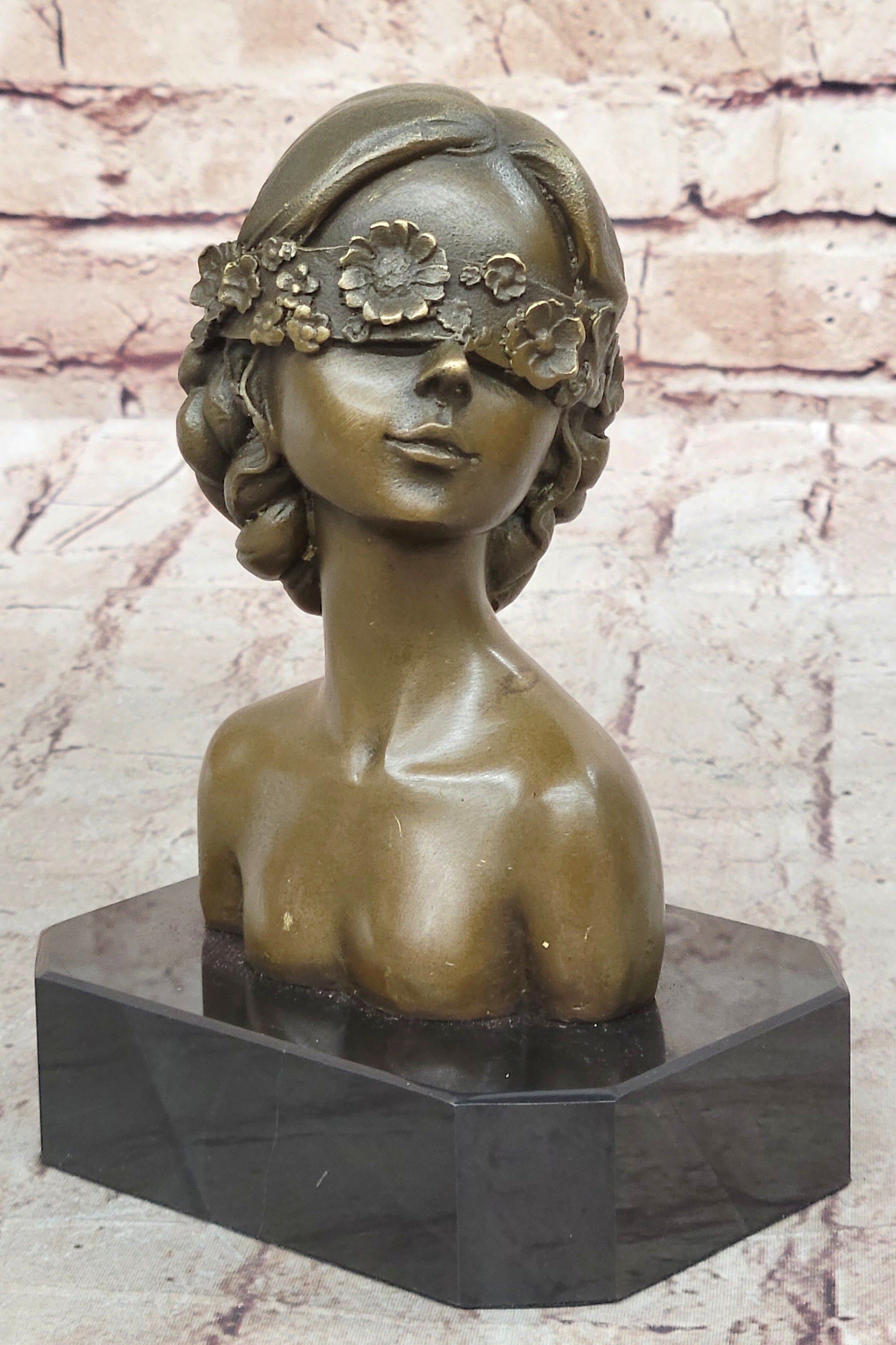 Woman Blindfolded with Flowers - Bronze Metal Modern Art Bust