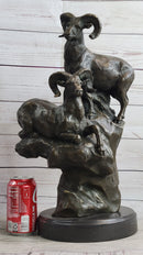 Rams Goats on Rocks Bronze Sculpture on Marble Base