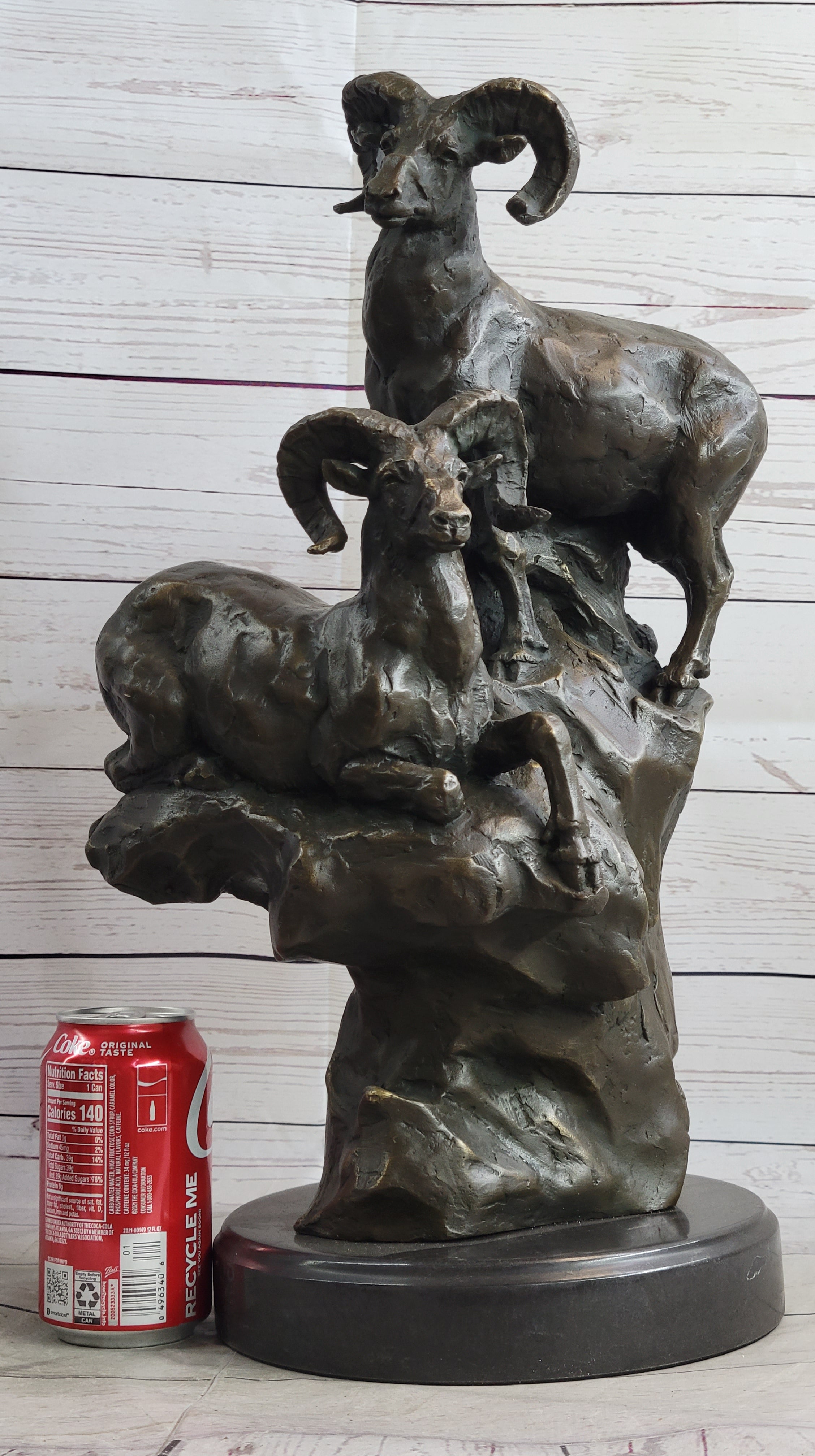 Rams Goats on Rocks Bronze Sculpture on Marble Base