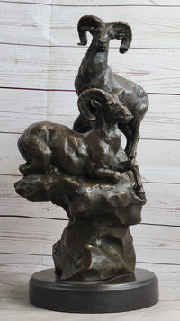 Rams Goats on Rocks Bronze Sculpture on Marble Base
