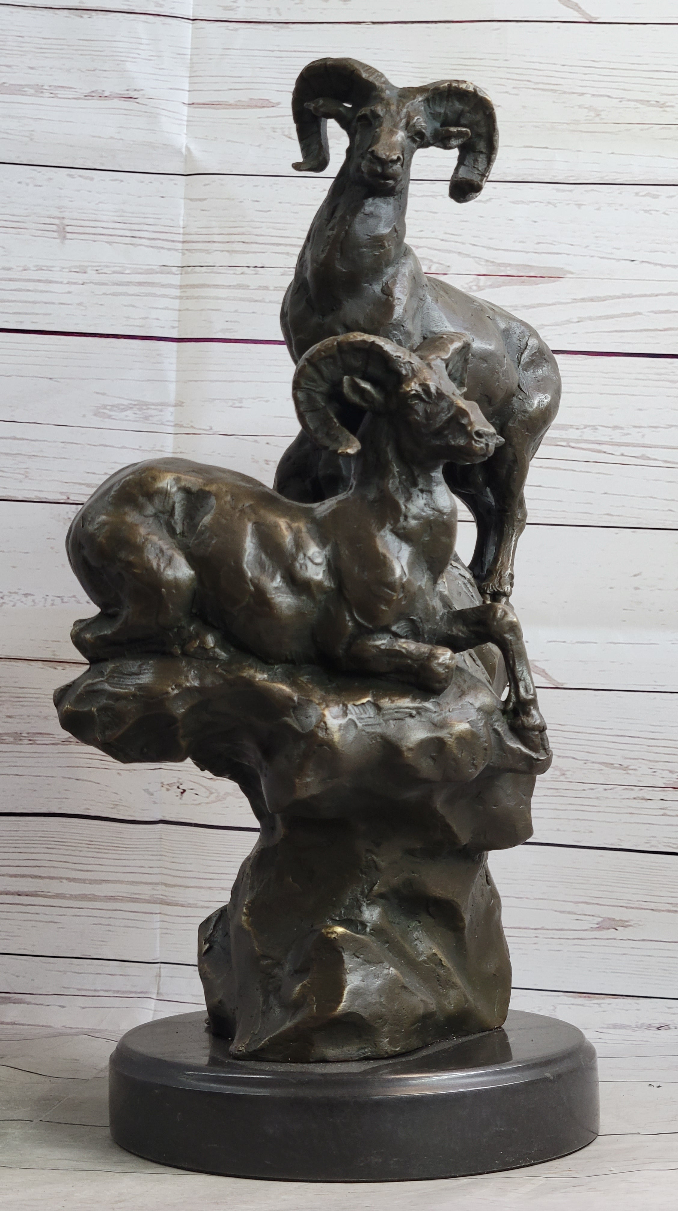 Rams Goats on Rocks Bronze Sculpture on Marble Base