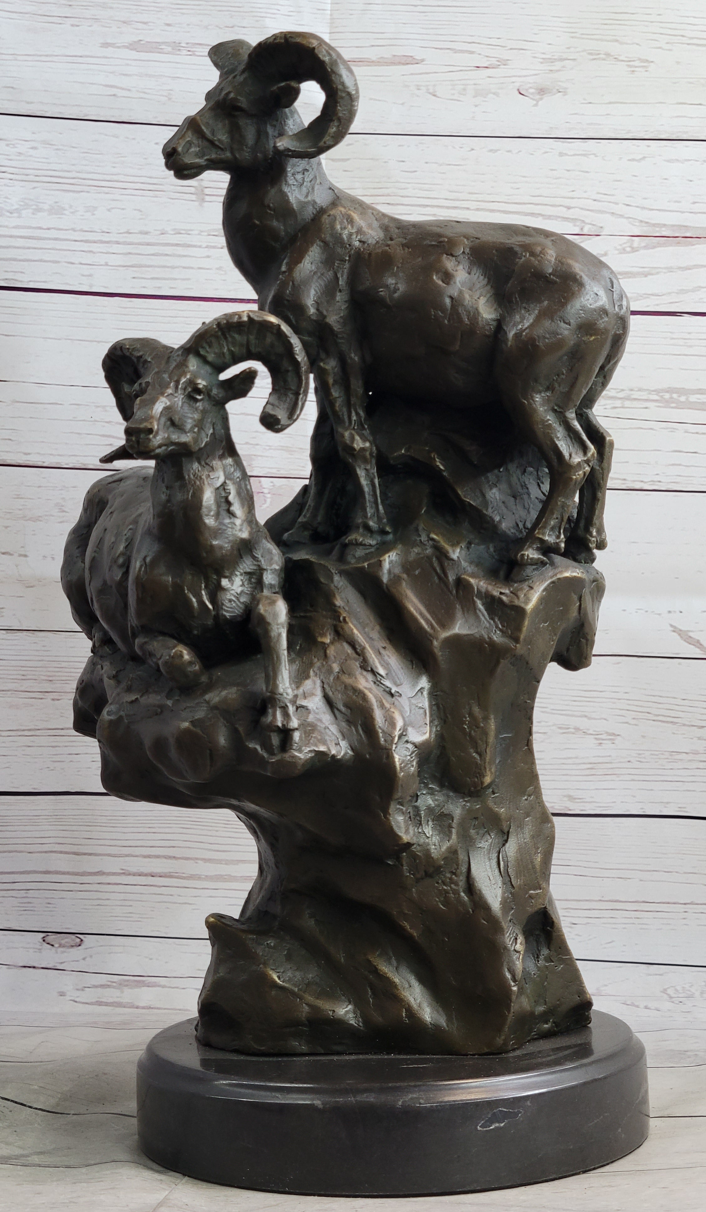 Rams Goats on Rocks Bronze Sculpture on Marble Base