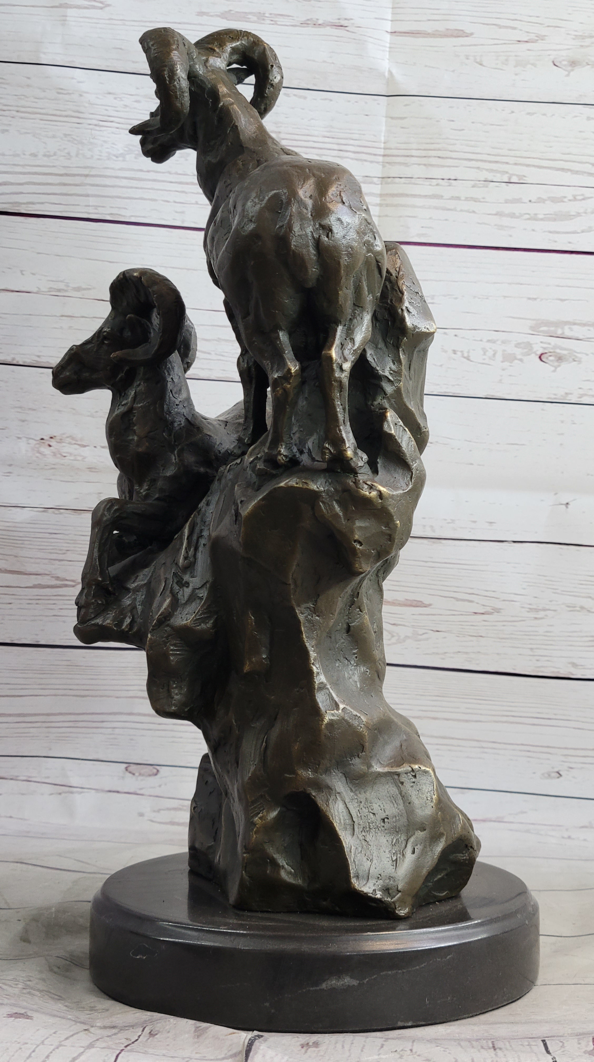 Rams Goats on Rocks Bronze Sculpture on Marble Base