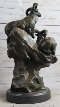 Rams Goats on Rocks Bronze Sculpture on Marble Base