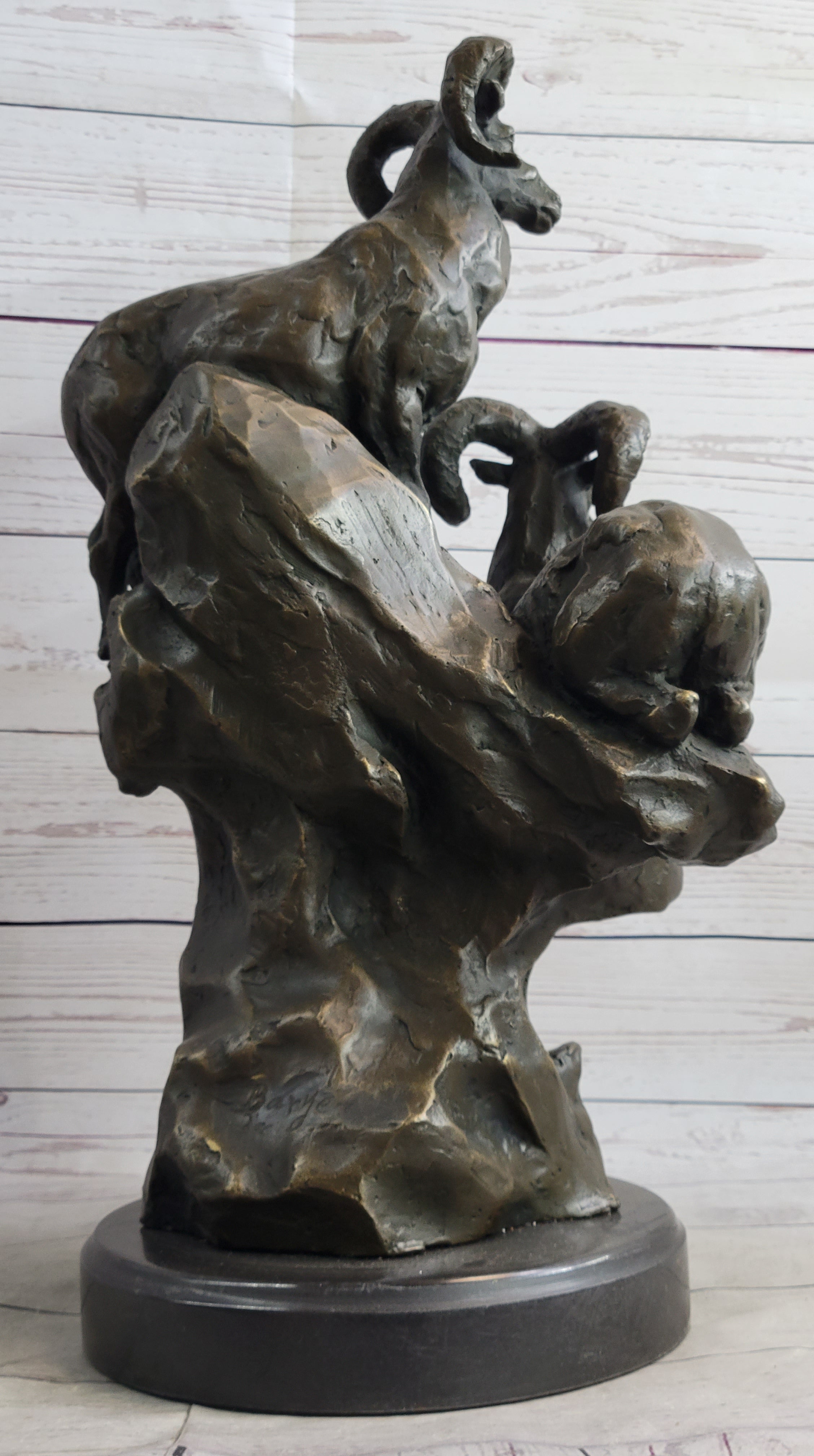 Rams Goats on Rocks Bronze Sculpture on Marble Base
