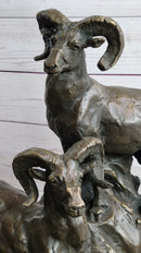 Rams Goats on Rocks Bronze Sculpture on Marble Base