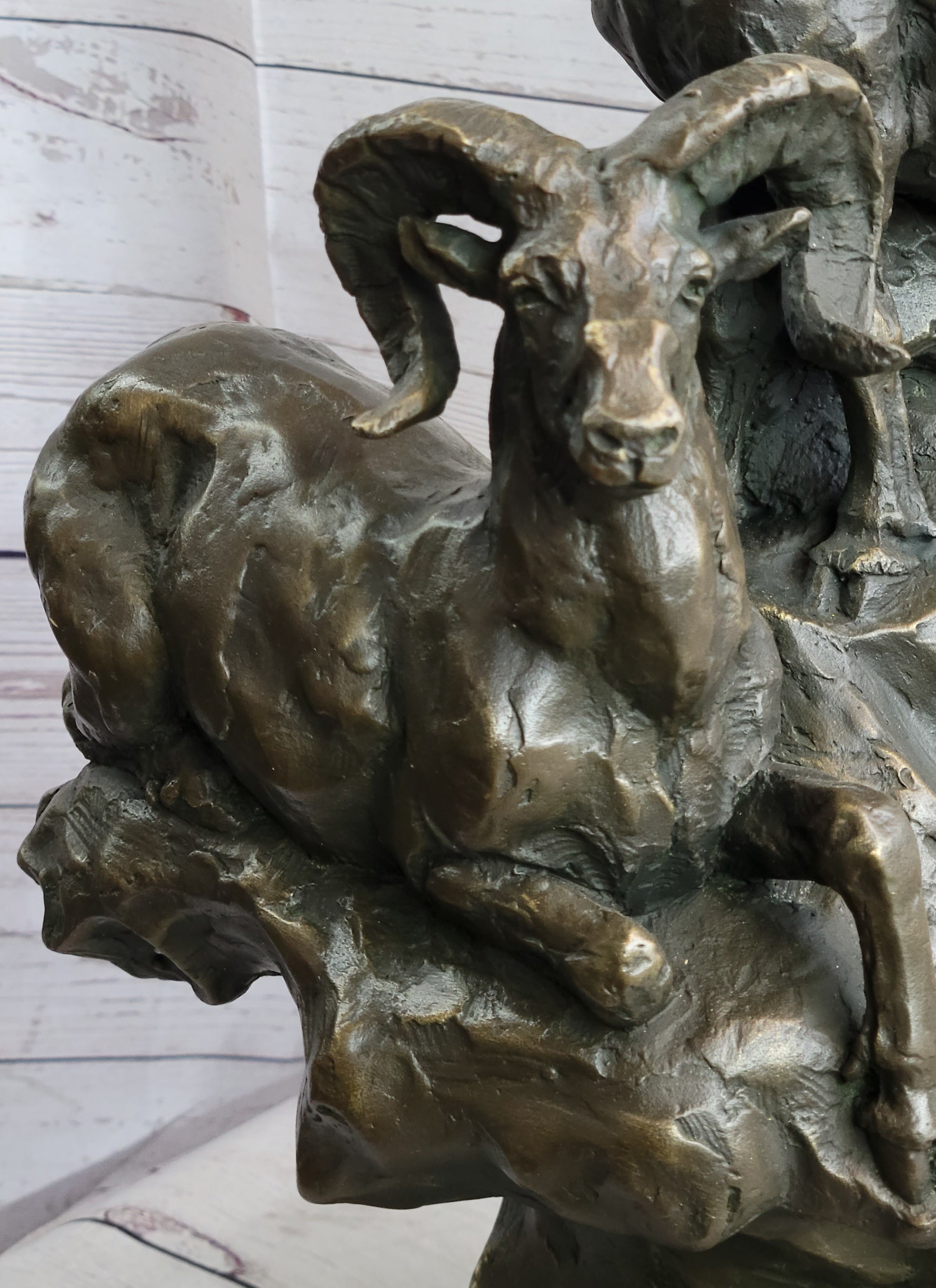 Rams Goats on Rocks Bronze Sculpture on Marble Base