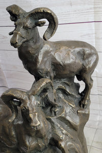 Rams Goats on Rocks Bronze Sculpture on Marble Base