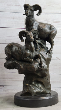 Rams Goats on Rocks Bronze Sculpture on Marble Base
