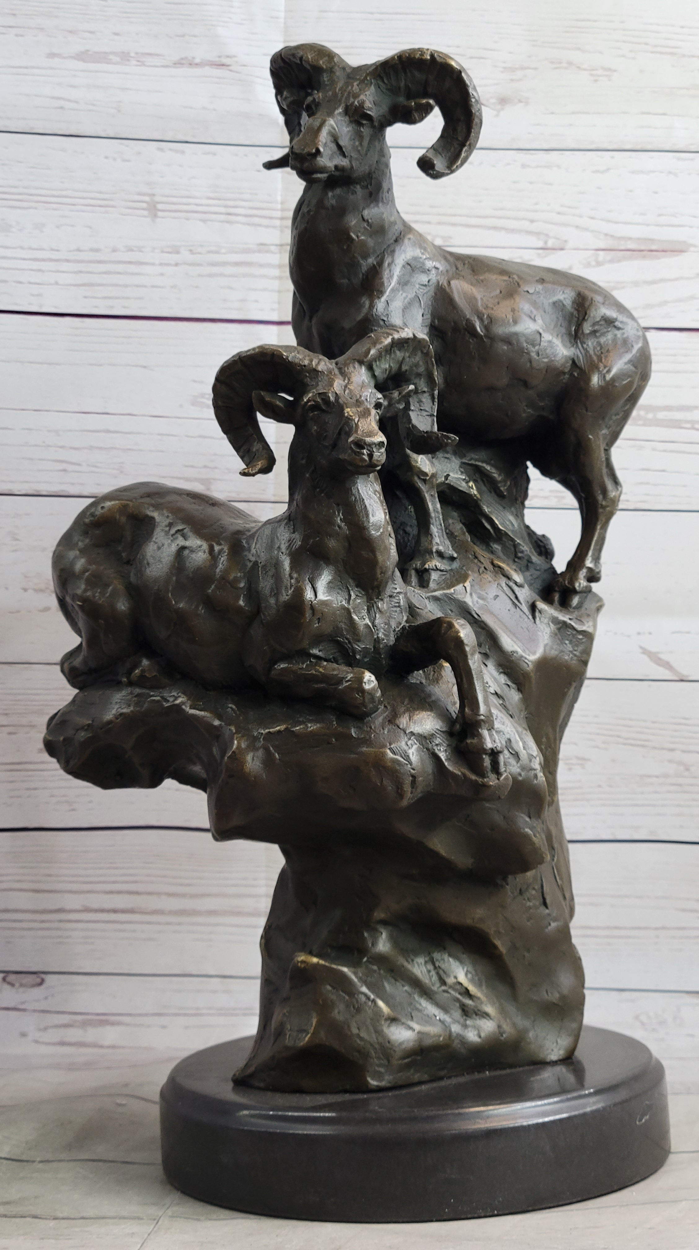 Rams Goats on Rocks Bronze Sculpture on Marble Base
