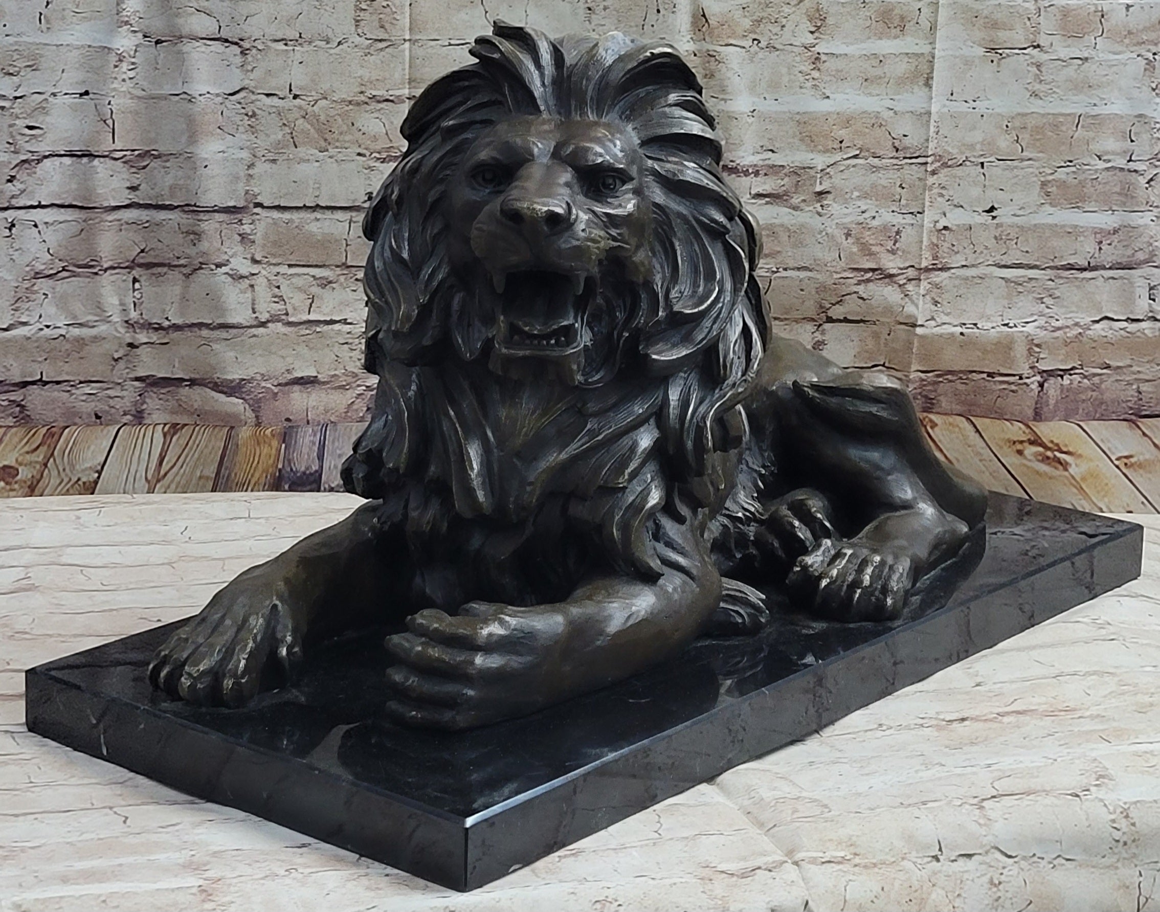 Bronze Guardian Lion on Marble Base after Antoine Barye