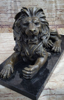 Bronze Guardian Lion on Marble Base after Antoine Barye