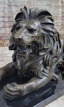 Bronze Guardian Lion on Marble Base after Antoine Barye