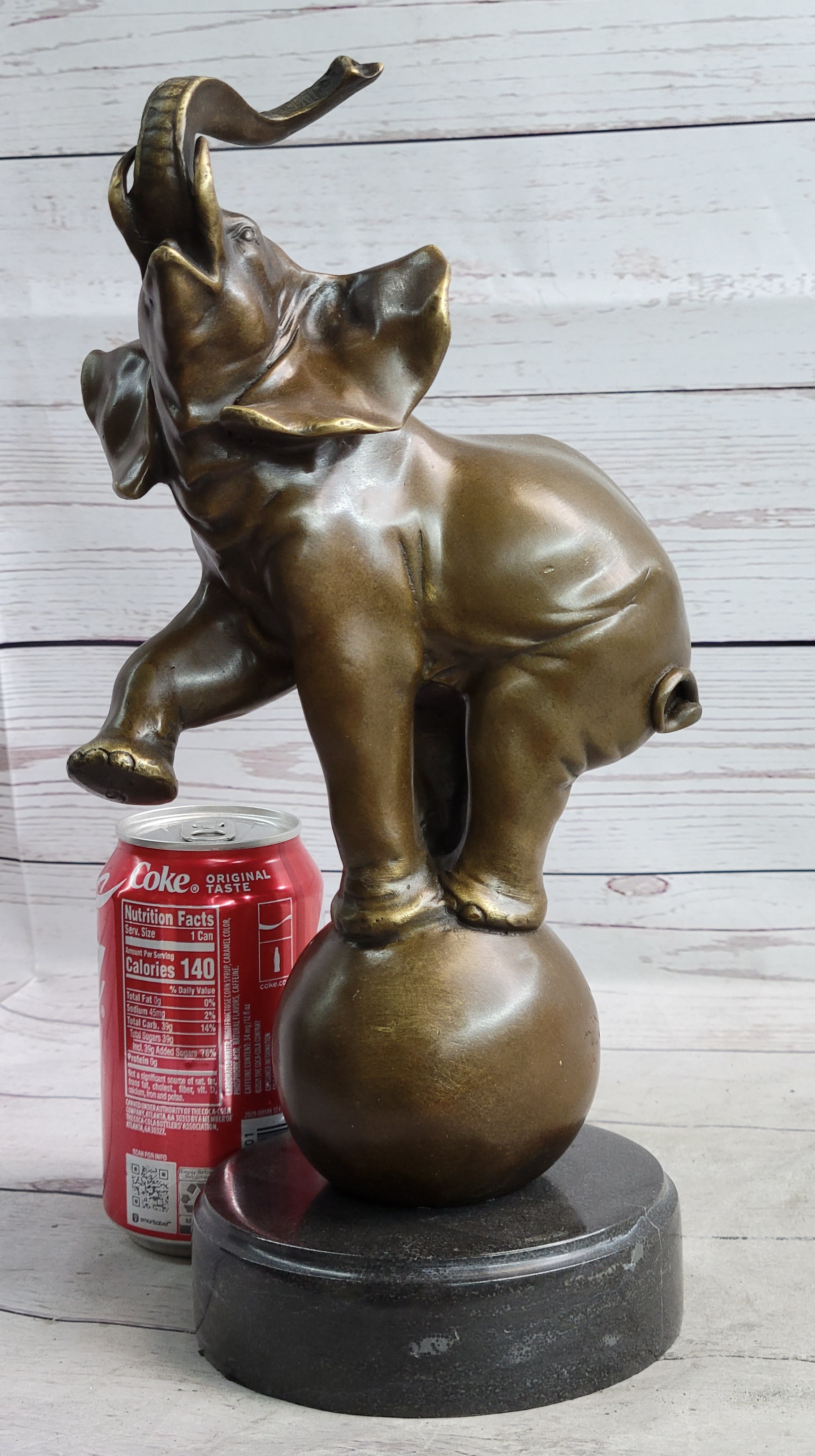 Circus Elephant Balancing on Ball Bronze Sculpture on Marble Base