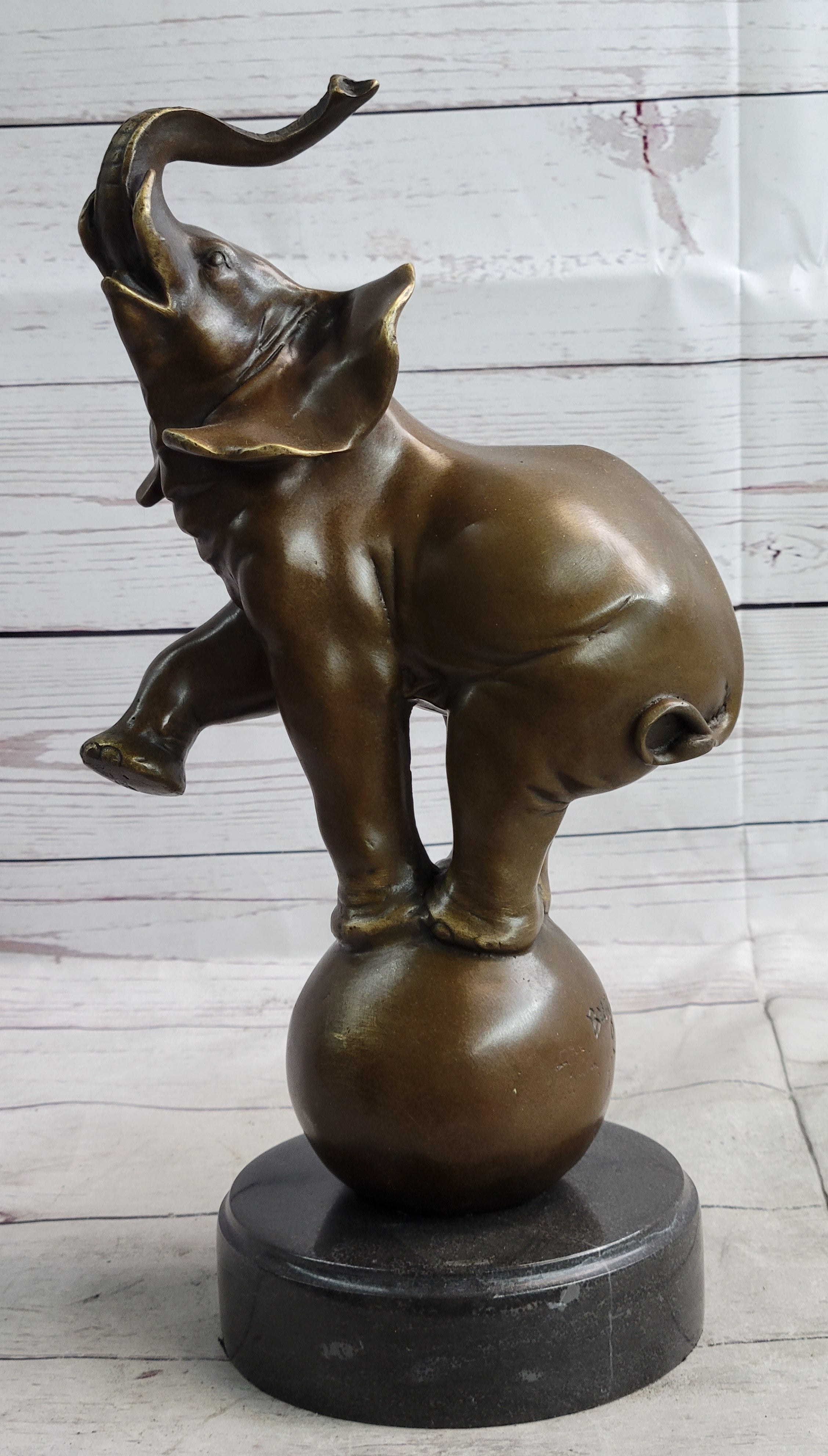 Circus Elephant Balancing on Ball Bronze Sculpture on Marble Base