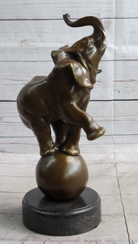 Circus Elephant Balancing on Ball Bronze Sculpture on Marble Base