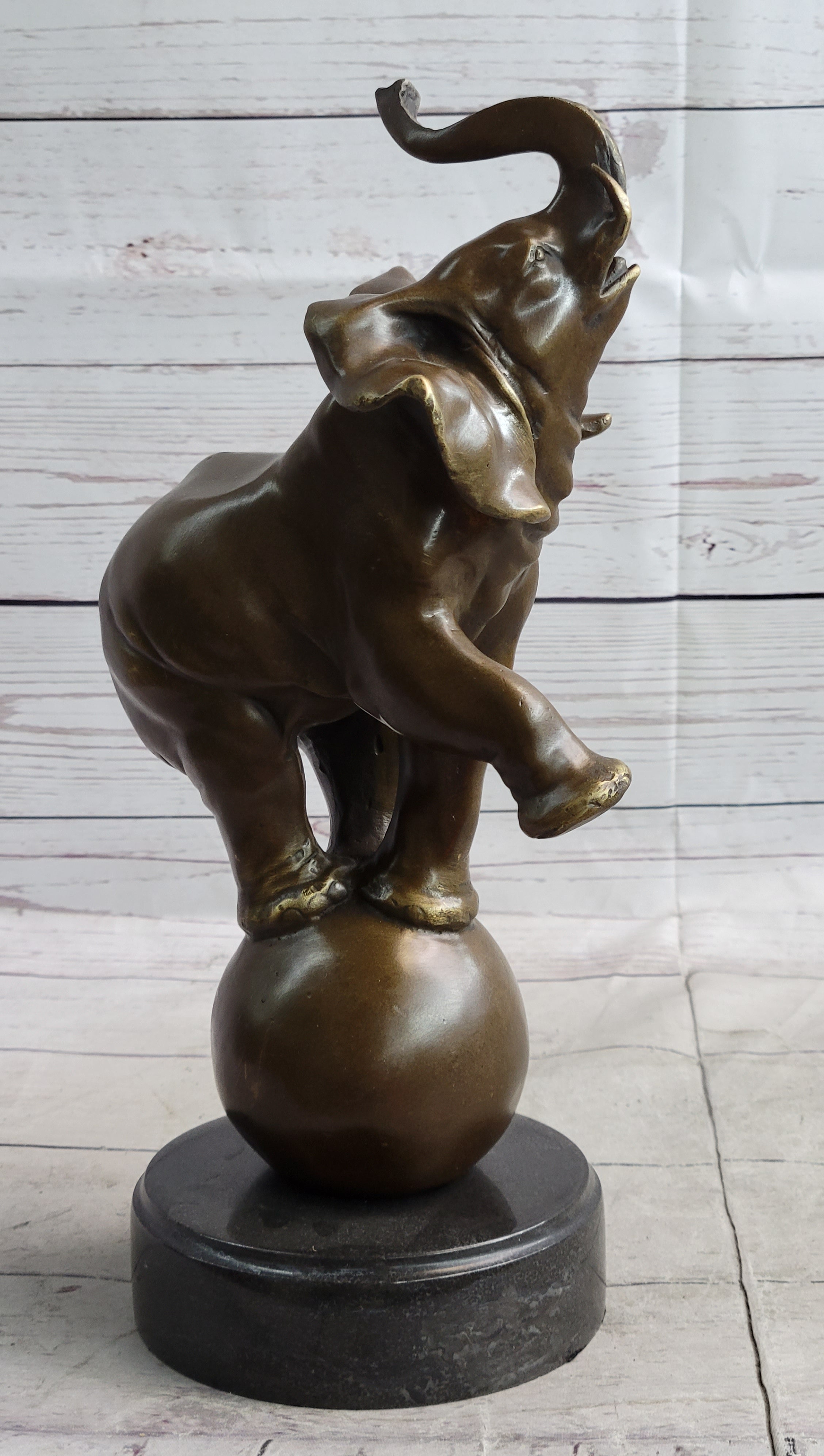 Circus Elephant Balancing on Ball Bronze Sculpture on Marble Base