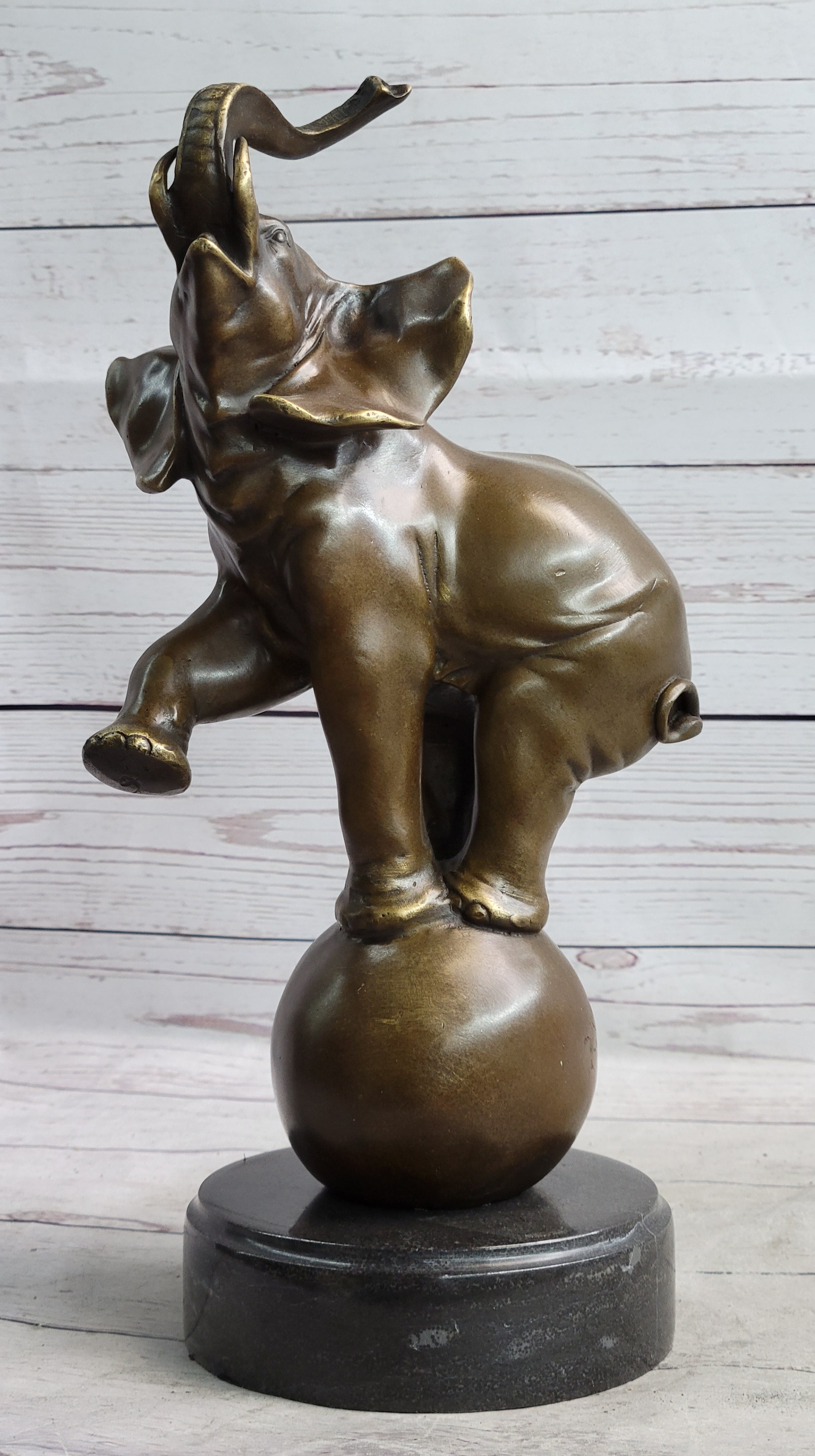 Circus Elephant Balancing on Ball Bronze Sculpture on Marble Base
