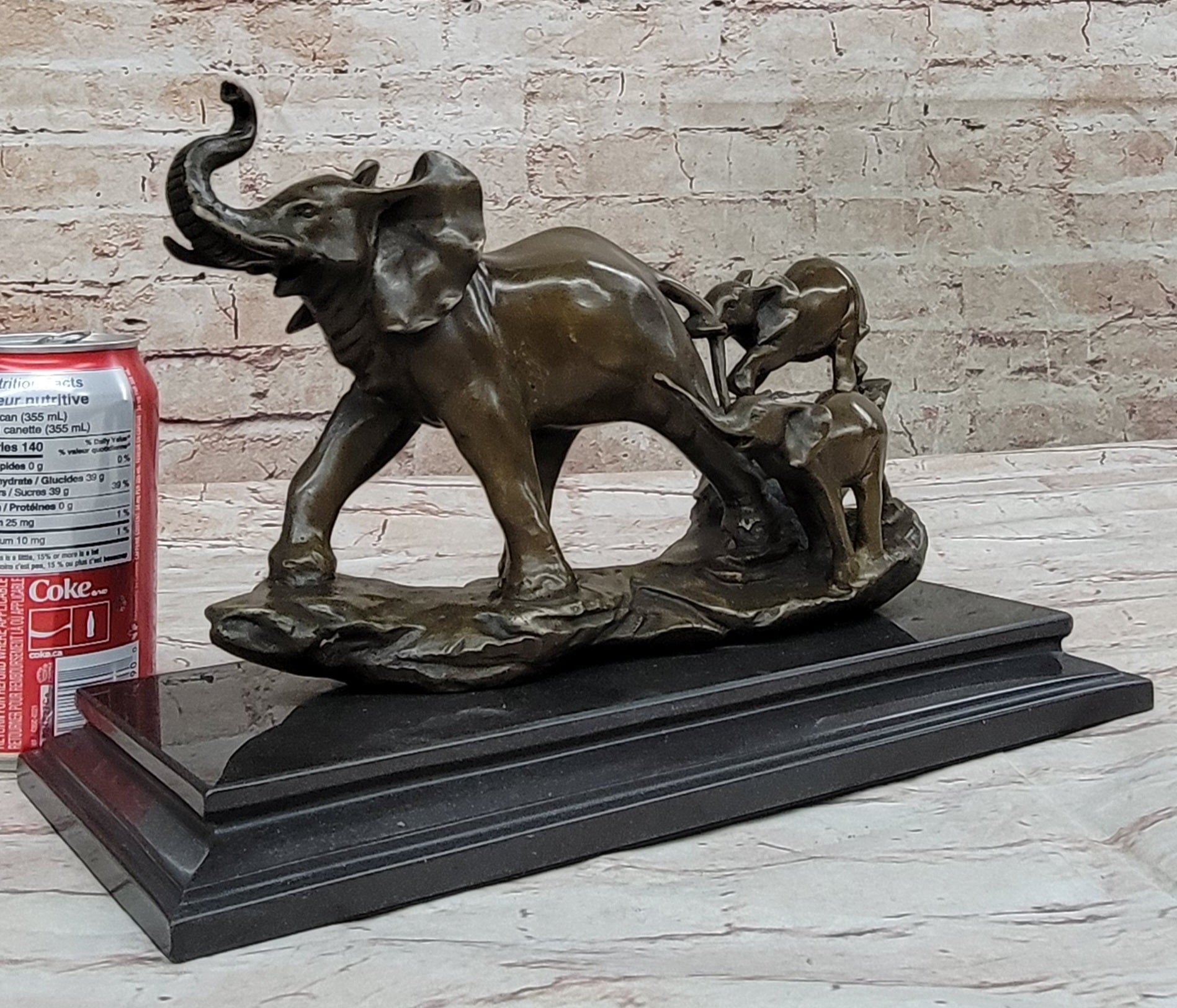 Mother Elephant and Baby Calf Bronze Sculpture on Marble Base
