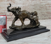 Mother Elephant and Baby Calf Bronze Sculpture on Marble Base