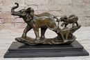 Mother Elephant and Baby Calf Bronze Sculpture on Marble Base