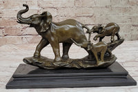 Mother Elephant and Baby Calf Bronze Sculpture on Marble Base