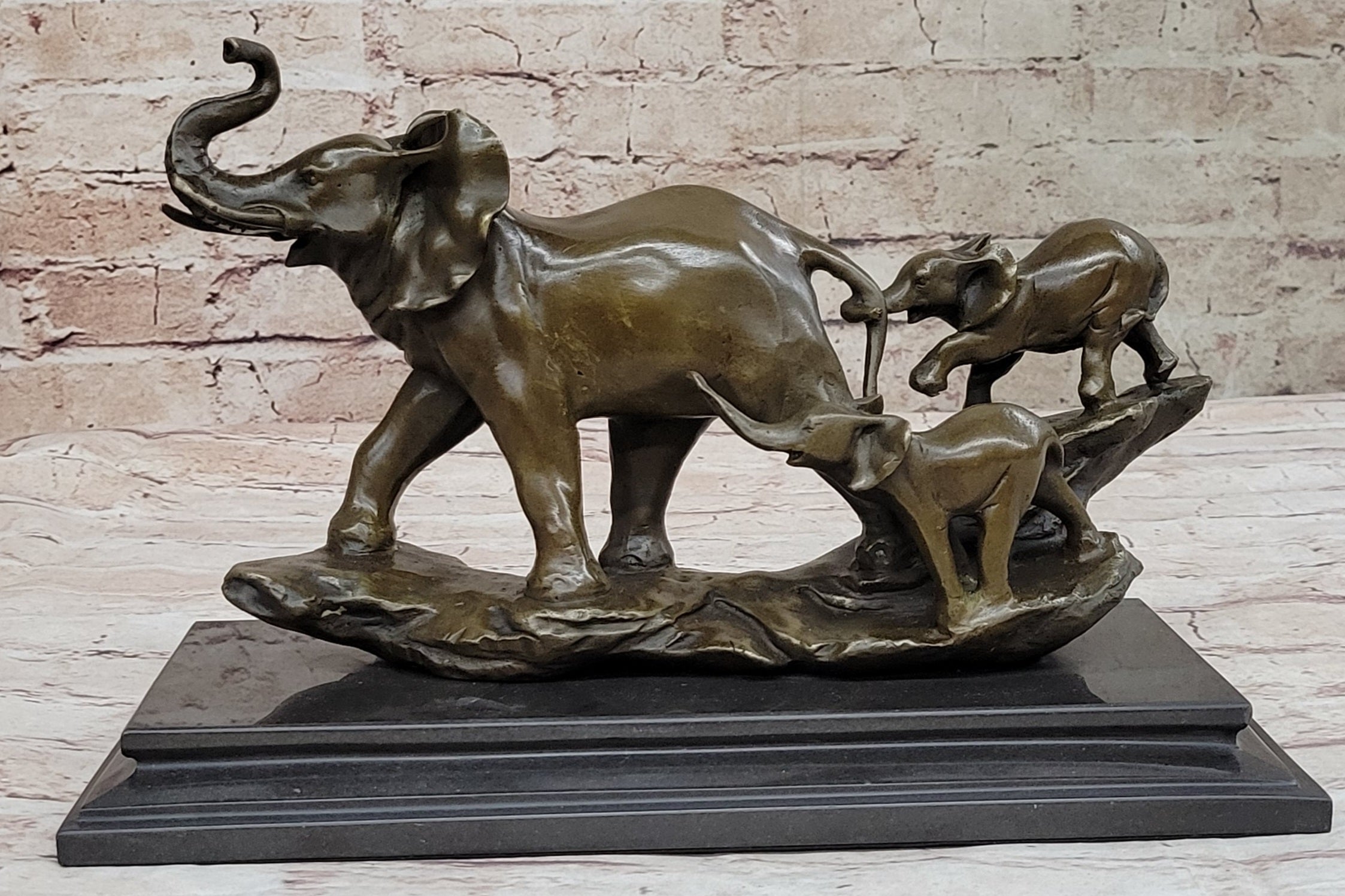 Mother Elephant and Baby Calf Bronze Sculpture on Marble Base