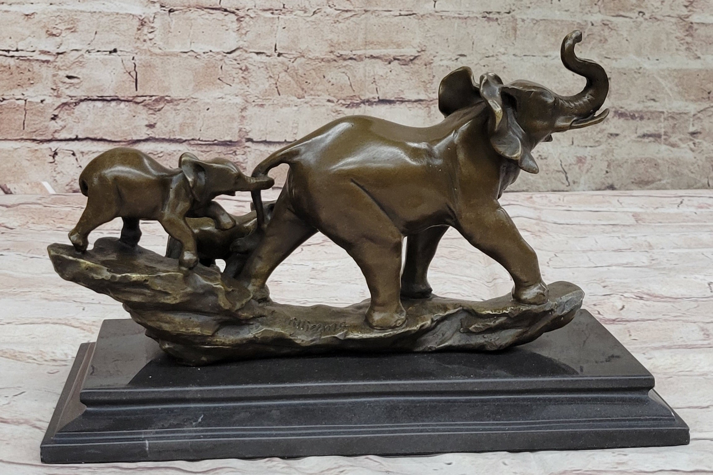 Mother Elephant and Baby Calf Bronze Sculpture on Marble Base