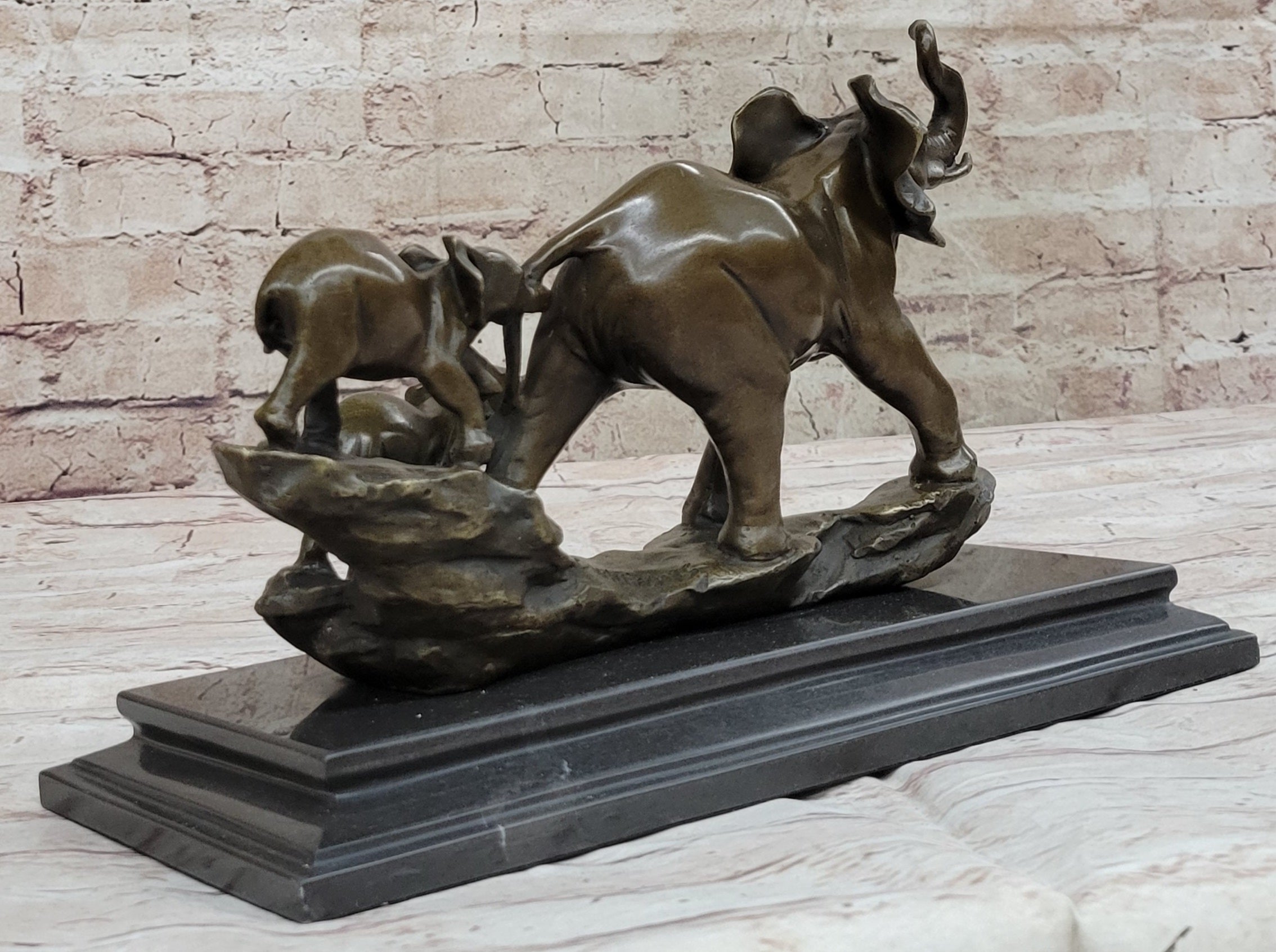 Mother Elephant and Baby Calf Bronze Sculpture on Marble Base