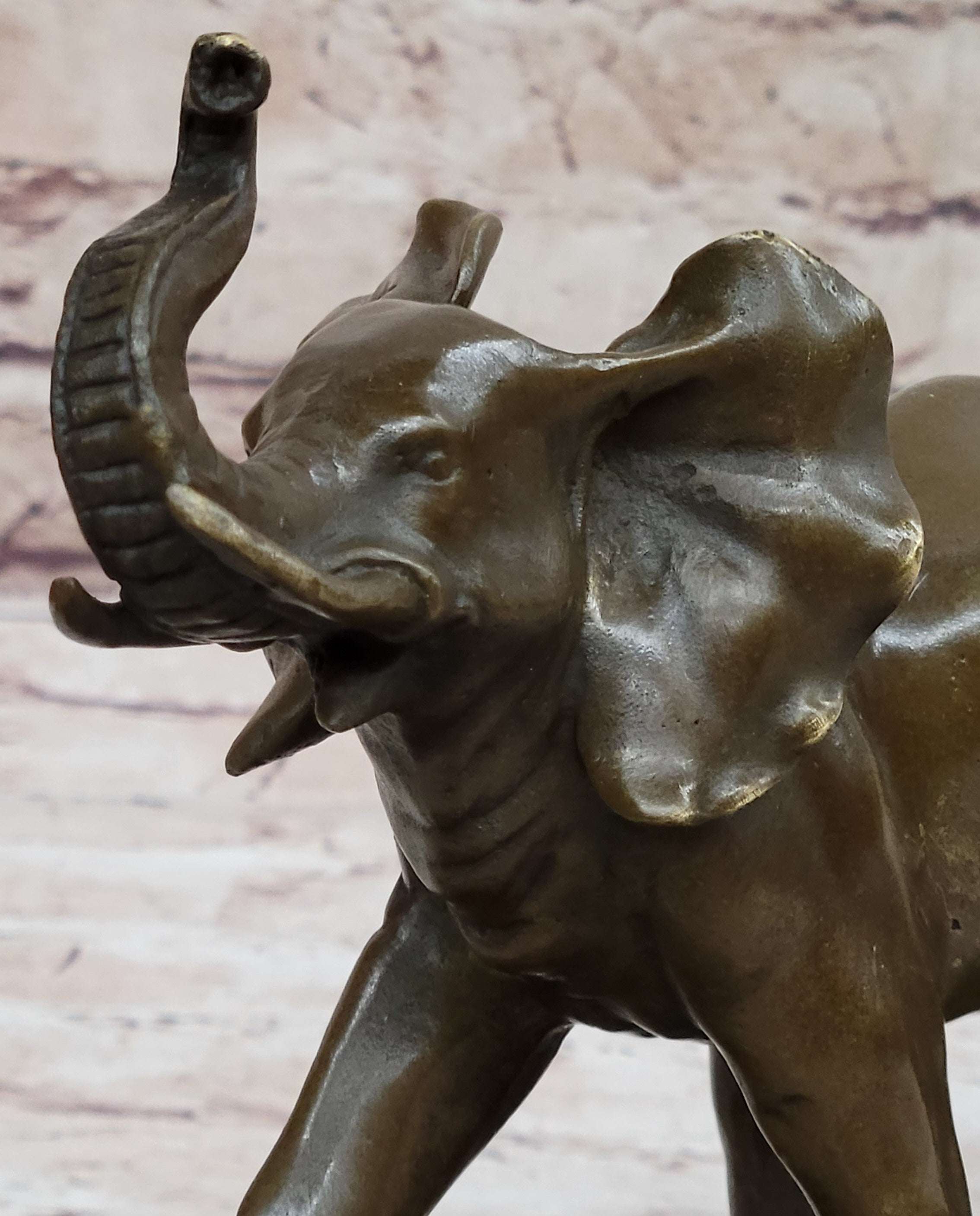 Mother Elephant and Baby Calf Bronze Sculpture on Marble Base