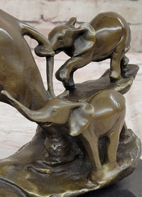 Mother Elephant and Baby Calf Bronze Sculpture on Marble Base