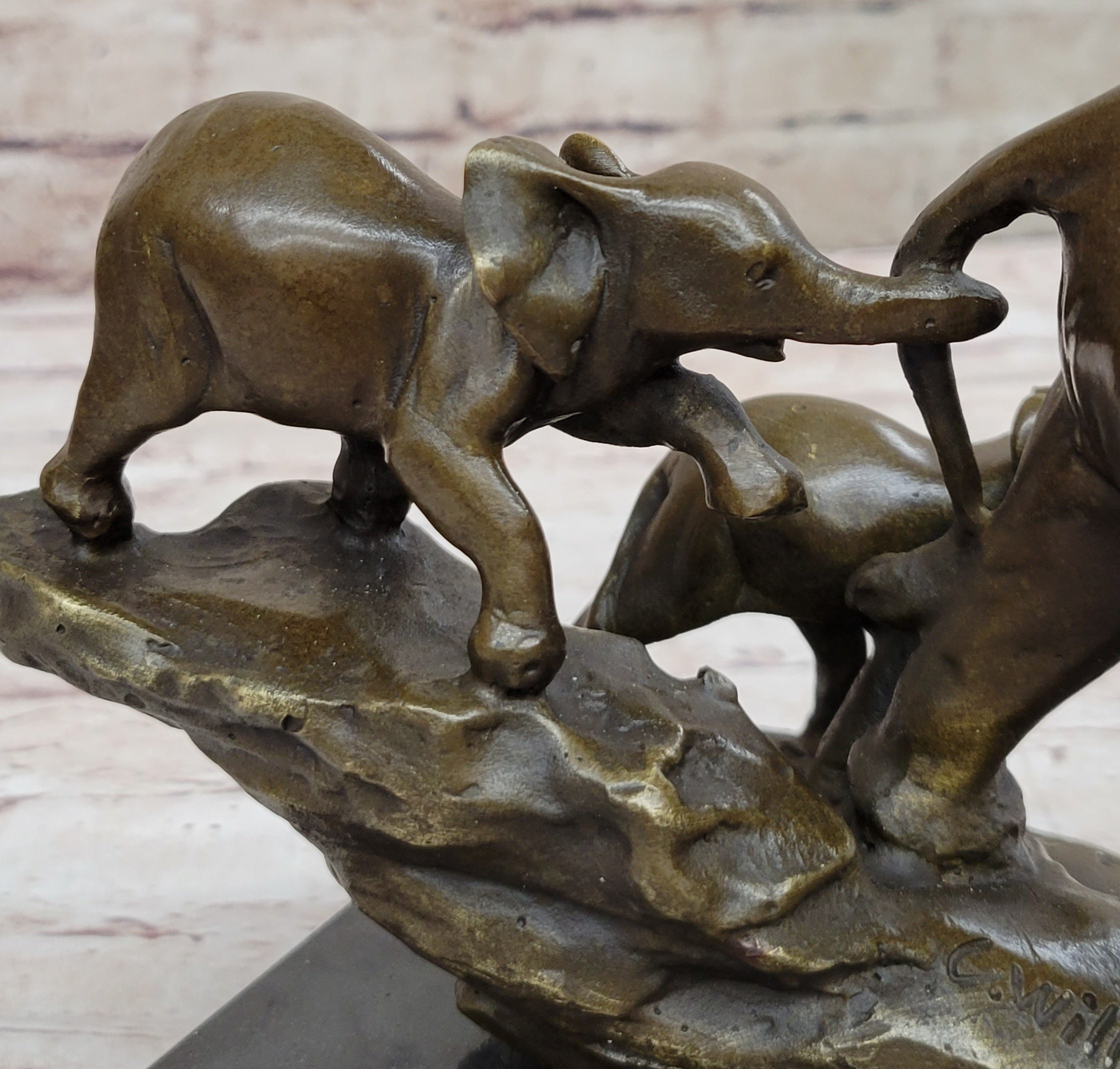 Mother Elephant and Baby Calf Bronze Sculpture on Marble Base