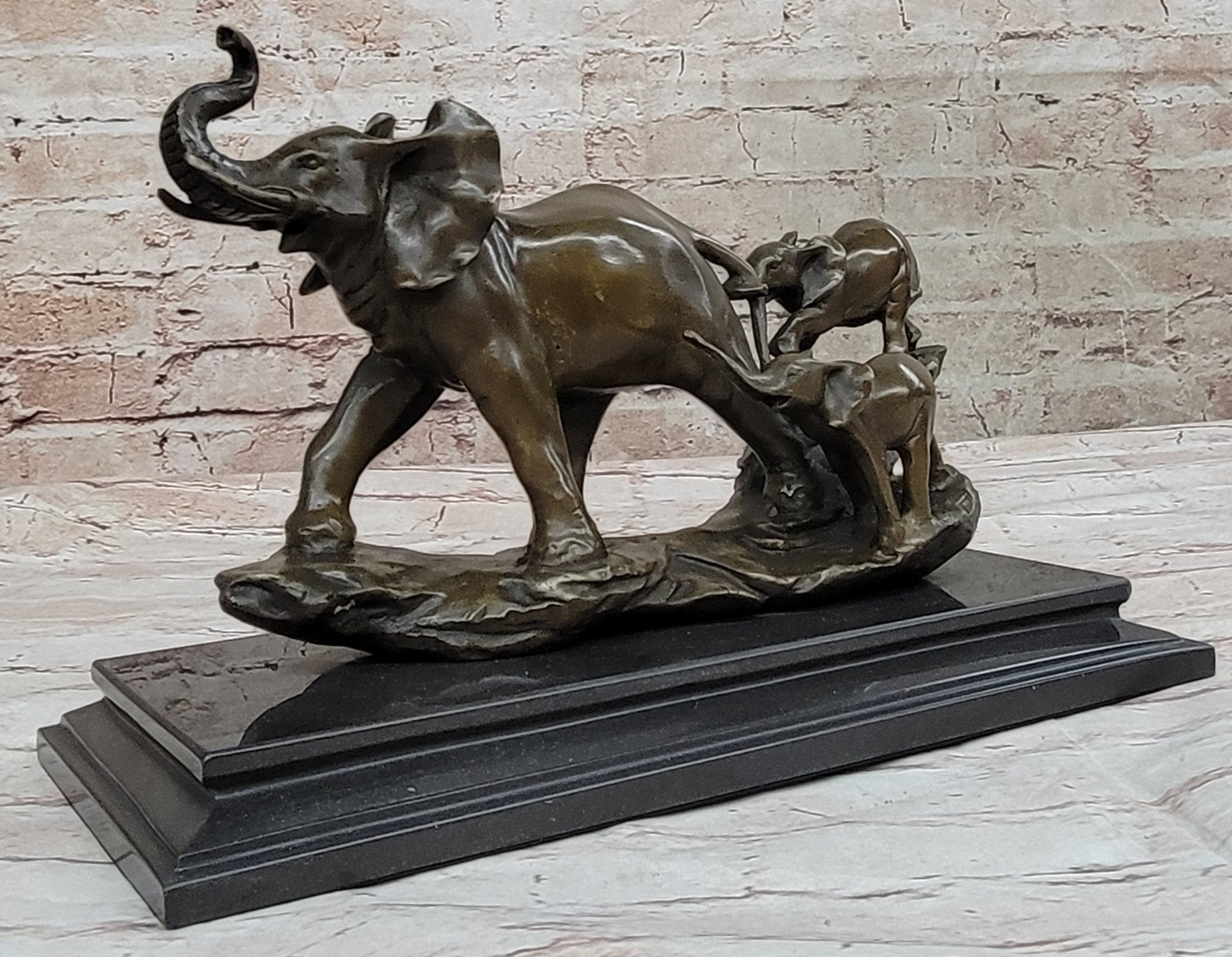 Mother Elephant and Baby Calf Bronze Sculpture on Marble Base