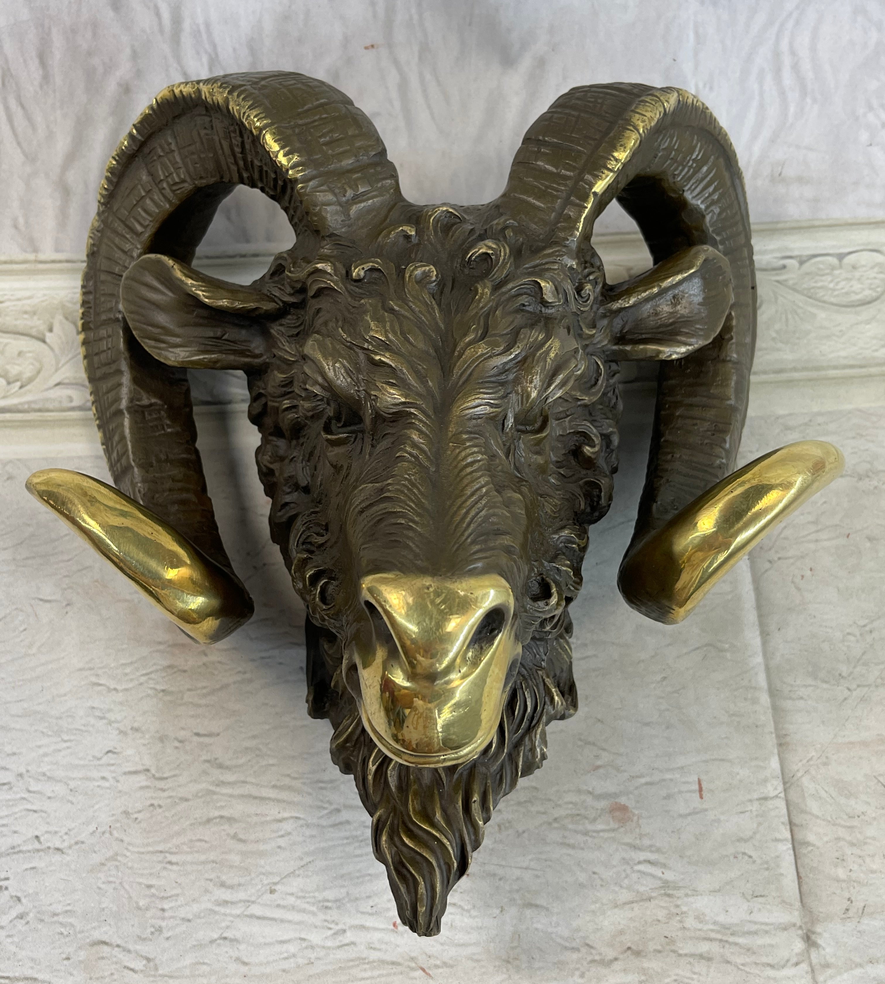 Signed Original Mascot Ram Head Bronze Sculpture Marble Base