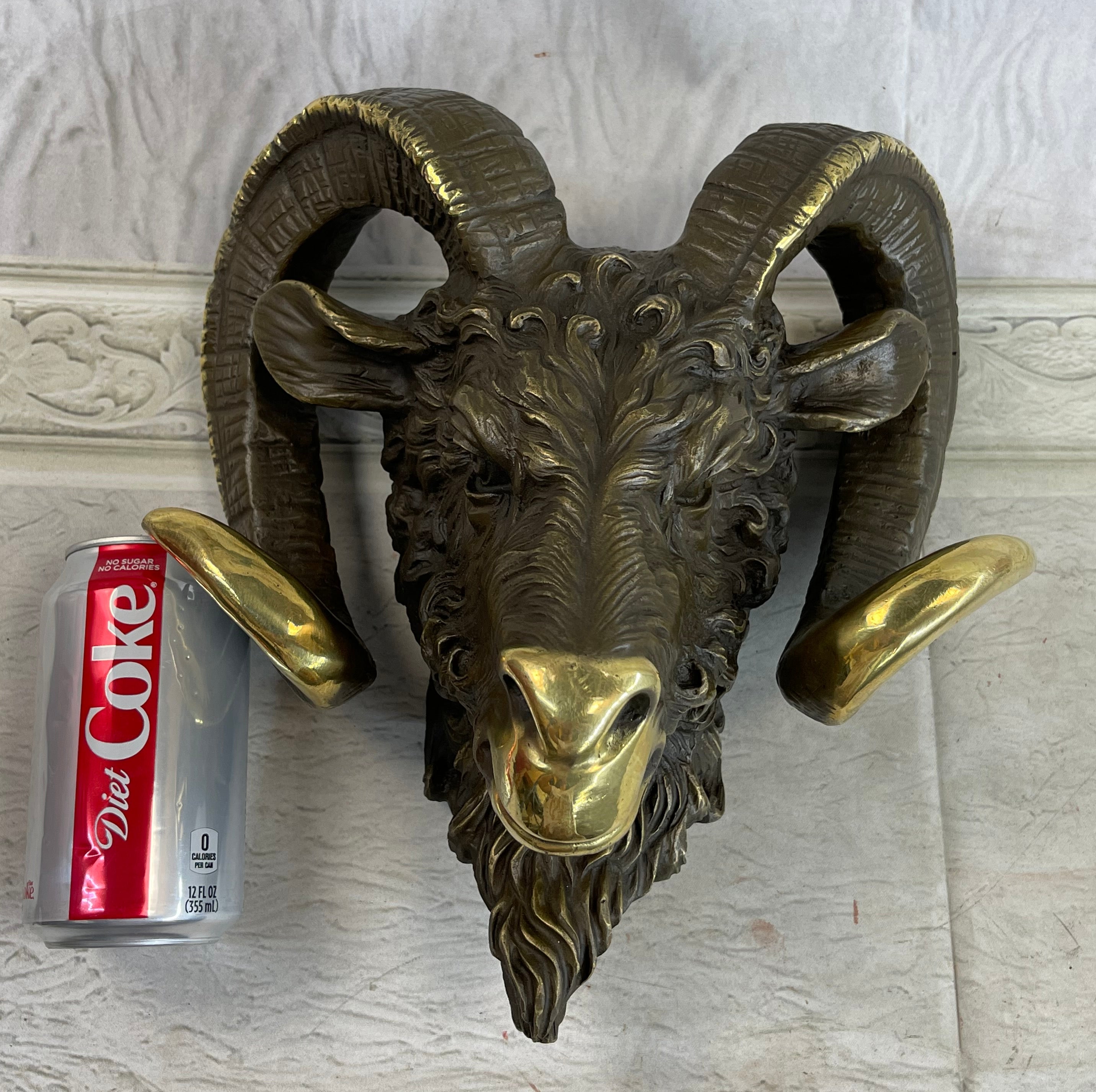 Signed Original Mascot Ram Head Bronze Sculpture Marble Base