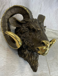Signed Original Mascot Ram Head Bronze Sculpture Marble Base