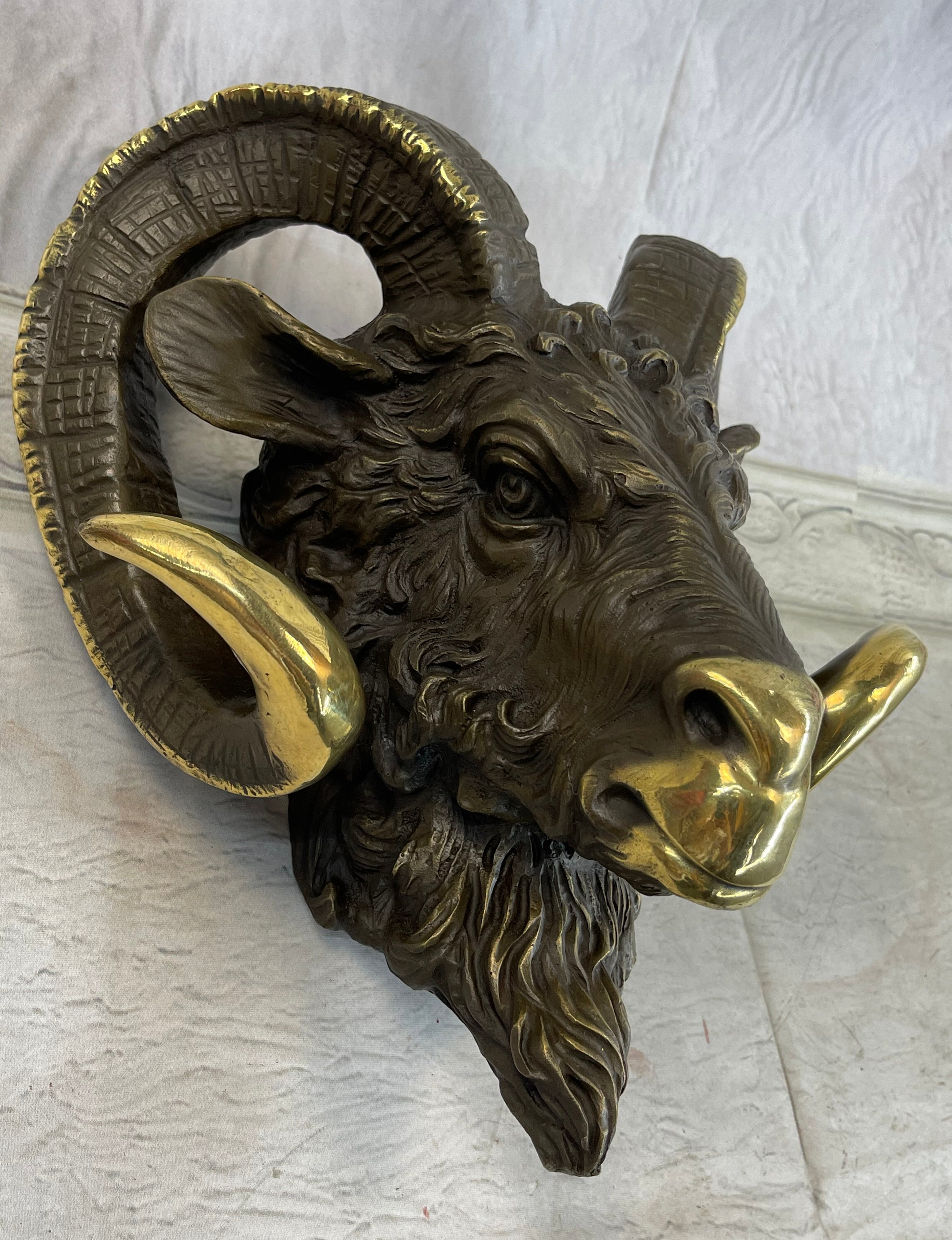 Signed Original Mascot Ram Head Bronze Sculpture Marble Base