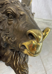 Signed Original Mascot Ram Head Bronze Sculpture Marble Base